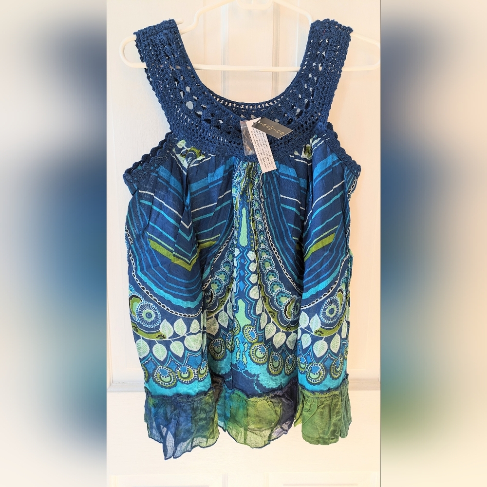 Brand New Jasmine by RAGANSheer Crochet Blue Sheer Floral Top Women's Sz Medium